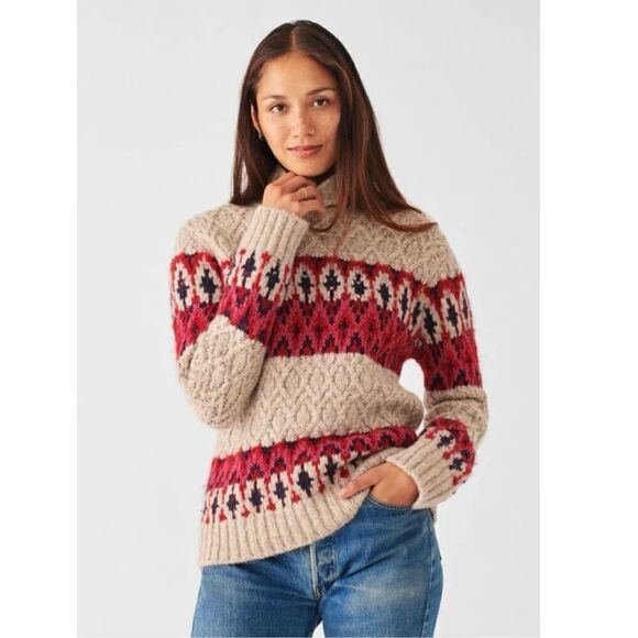 Faherty Women’s Frosted Fairisle Turtleneck Wool Alpace Blend Sweater Tan Purple - Picture 10 of 10